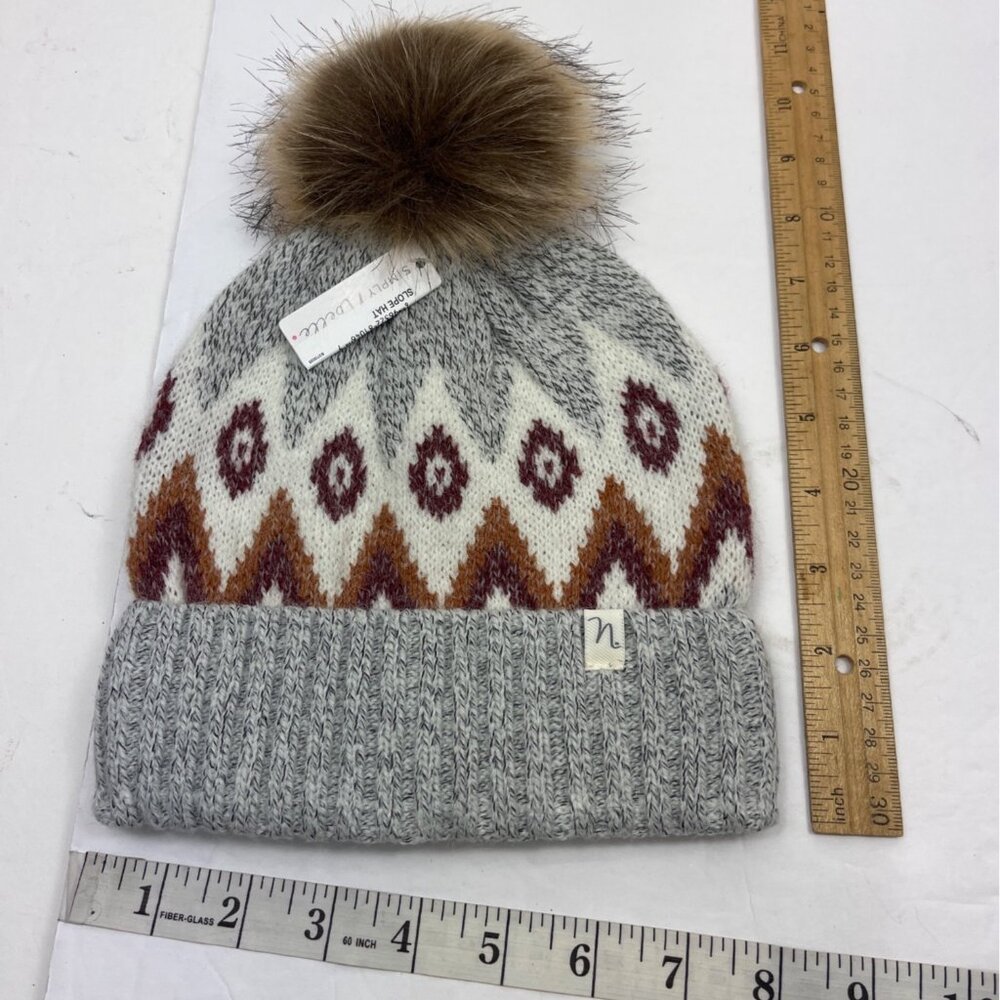 Simply Noel Womens Pom Beanie With Nordic Pattern & Faux Fur Pom Gray & Multicol - Picture 4 of 7